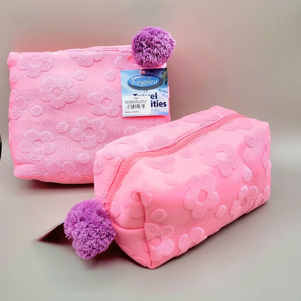 Naturally by Kingsley Pink on Pink Daisies Cosmetic Bag Set, Purple Pom Poms NWT